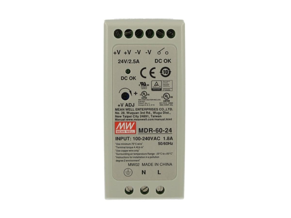 MDR-60-24 Alimentatore a montaggio su guida DIN Mean Well, 24V cc, 2.5A, 85 - 264V ca, 60W